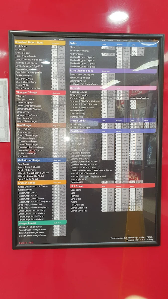 Menu, Hungry Jack's Burgers Wiley Park