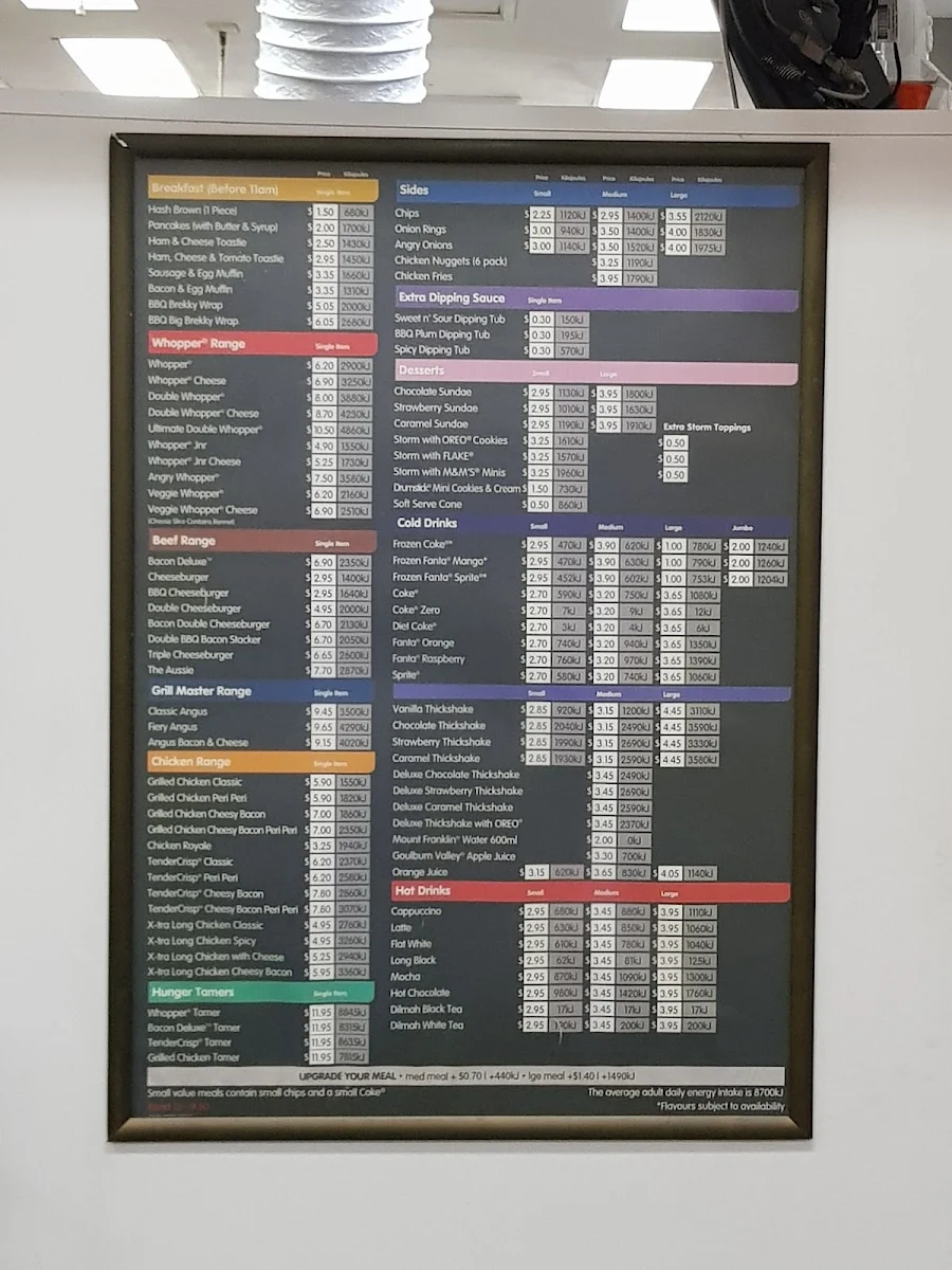 Menu, Hungry Jack's Burgers Wiley Park