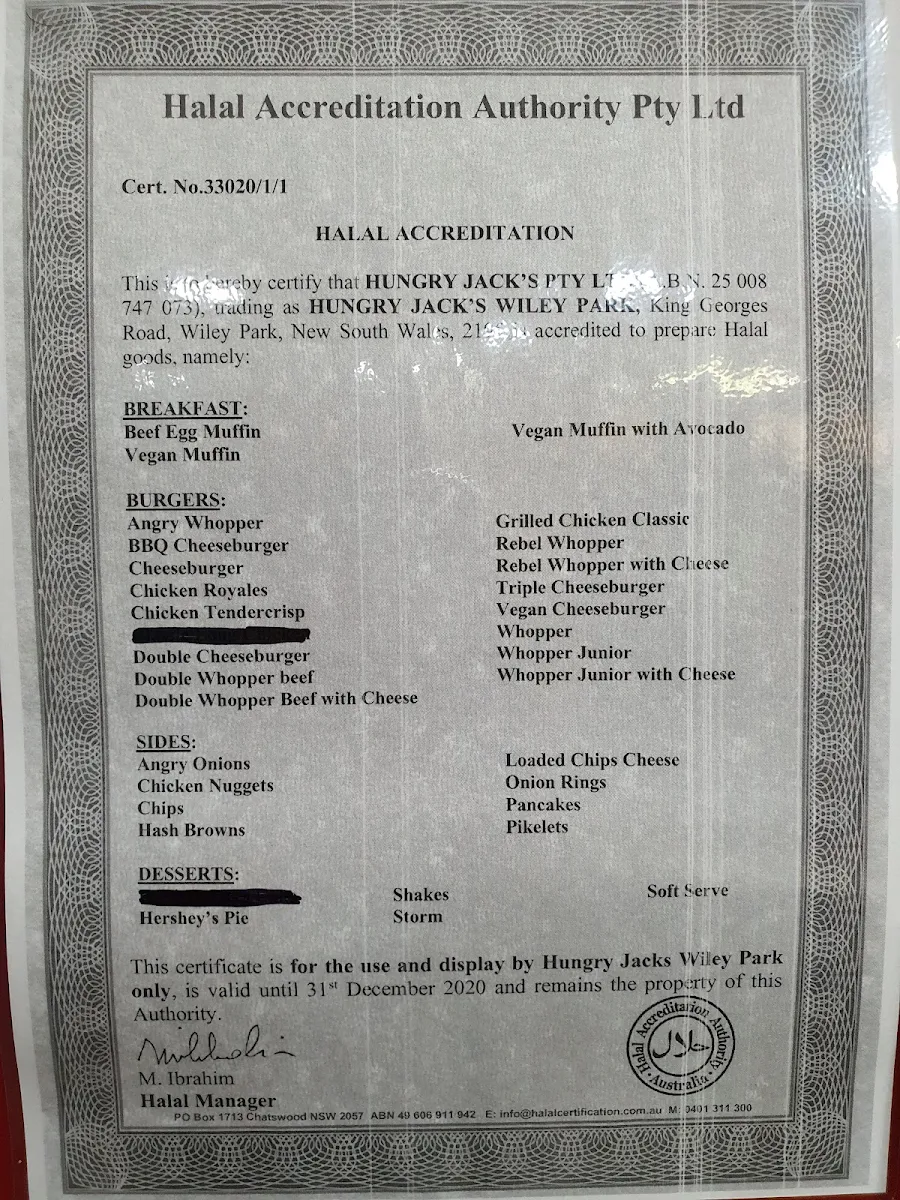 Menu, Hungry Jack's Burgers Wiley Park