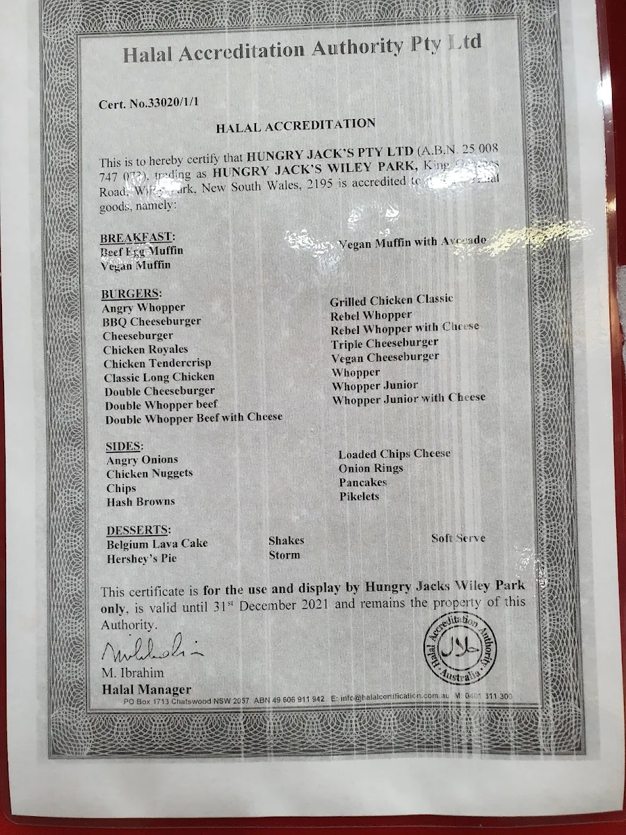 Menu, Hungry Jack's Burgers Wiley Park