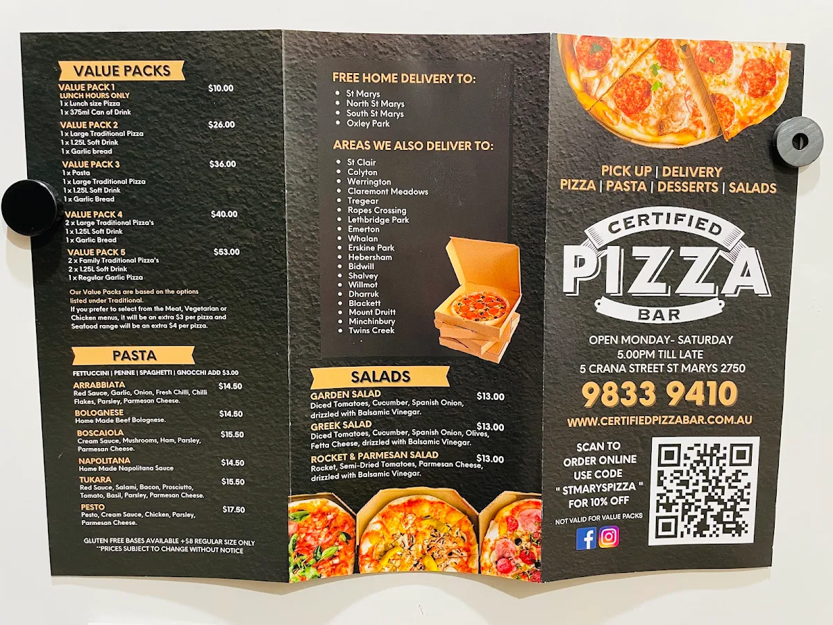 Menu, Certified Pizza St Marys
