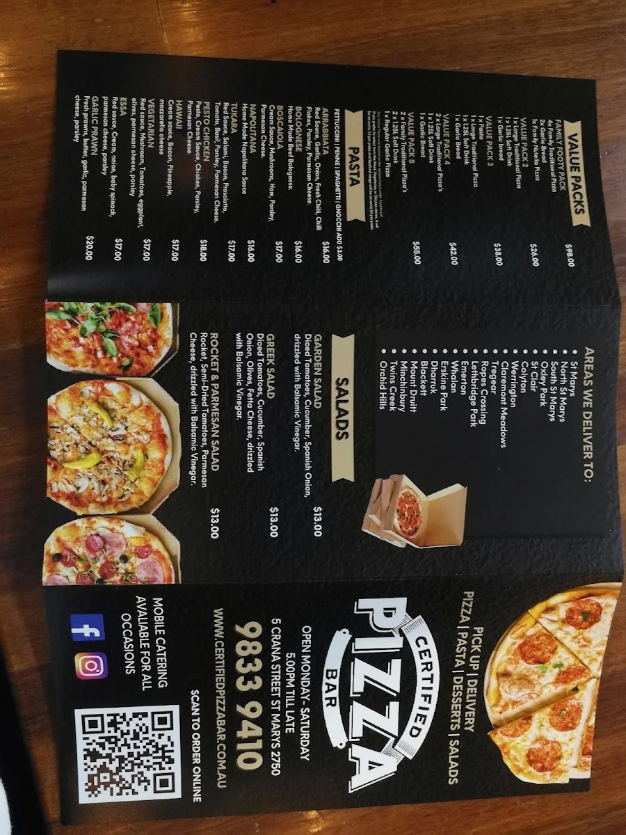 Menu, Certified Pizza St Marys