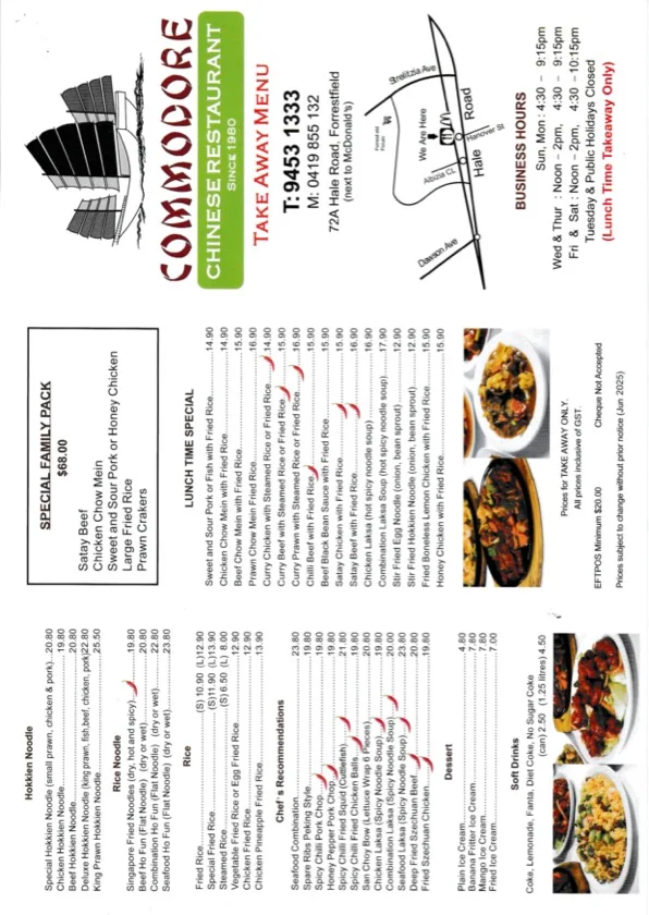 Menu, Commodore Chinese Restaurant & Takeaway