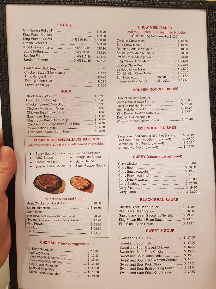 Menu, Commodore Chinese Restaurant & Takeaway