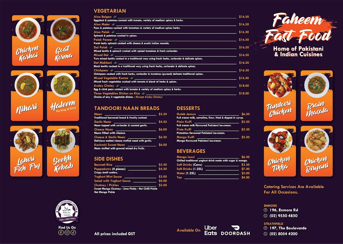 Menu, Faheem Fast Food Strathfield