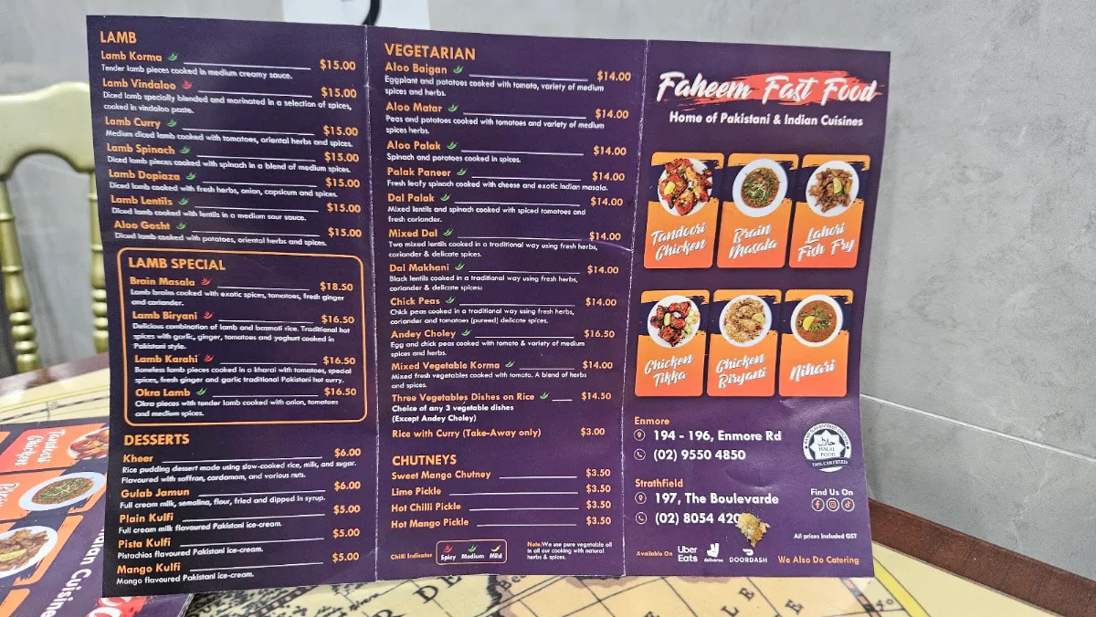Menu, Faheem Fast Food Strathfield