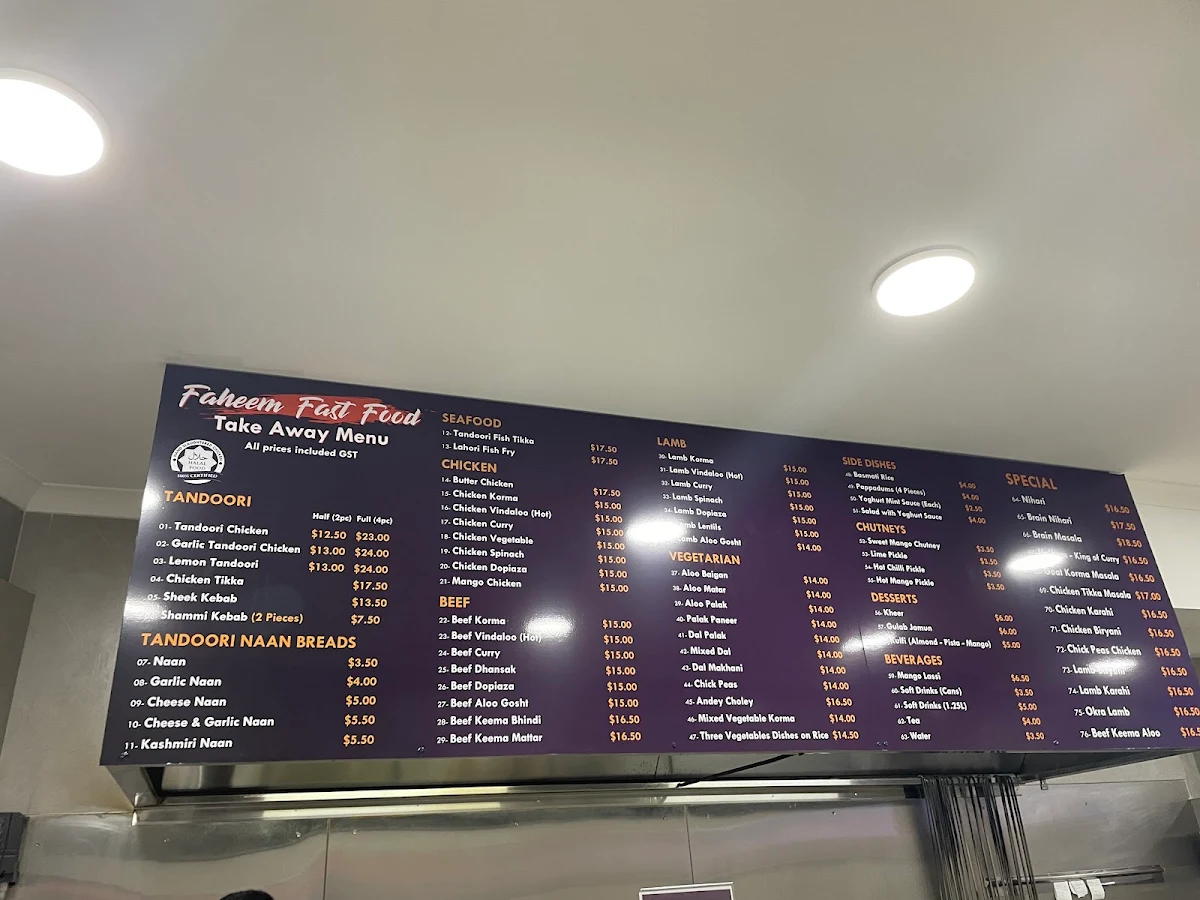 Menu, Faheem Fast Food Strathfield