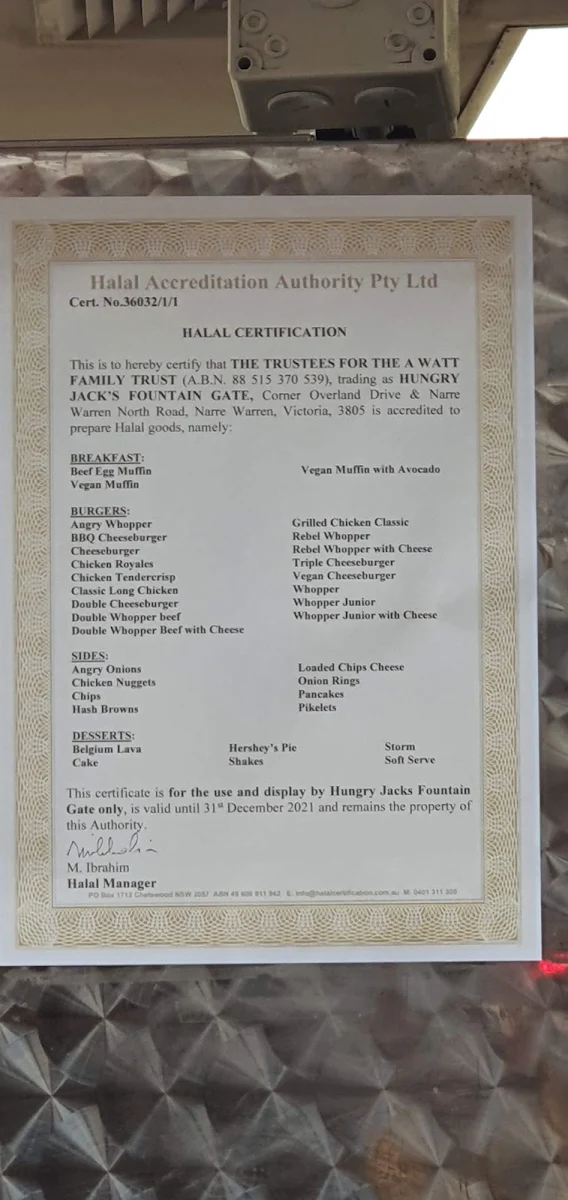 Menu, Hungry Jack's Burgers Fountain Gate