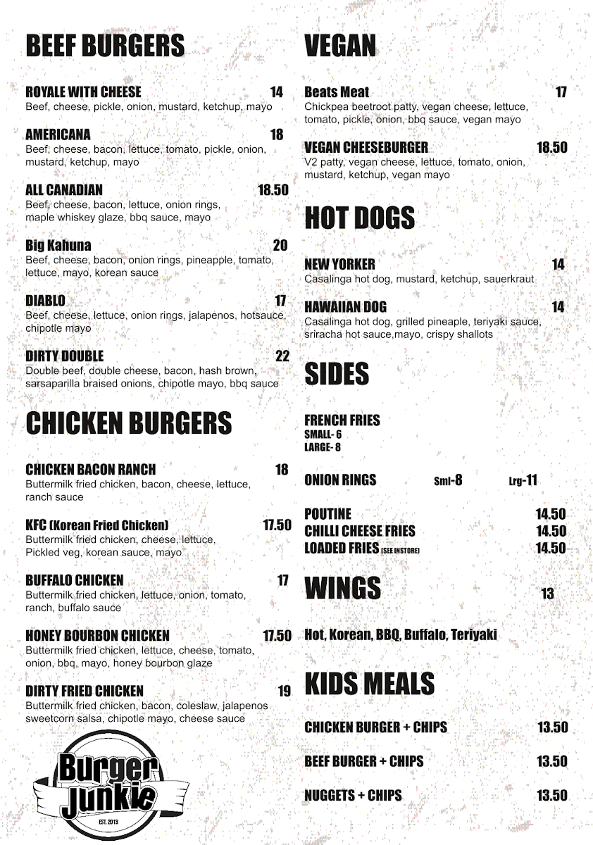 Menu, Burger Junkie