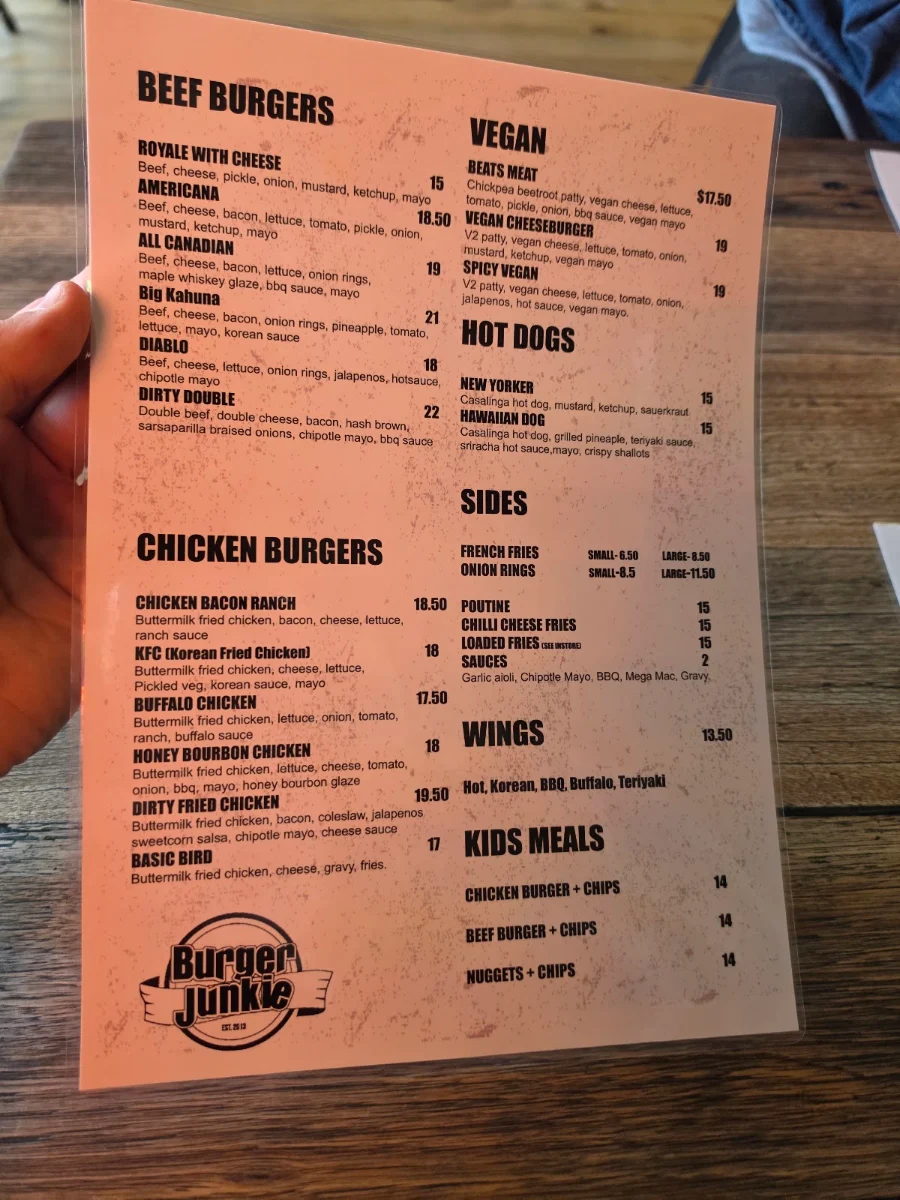 Menu, Burger Junkie