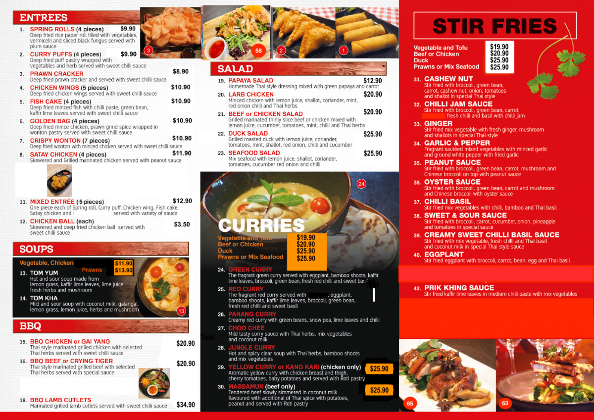 Menu, Spice Thai Cuisine