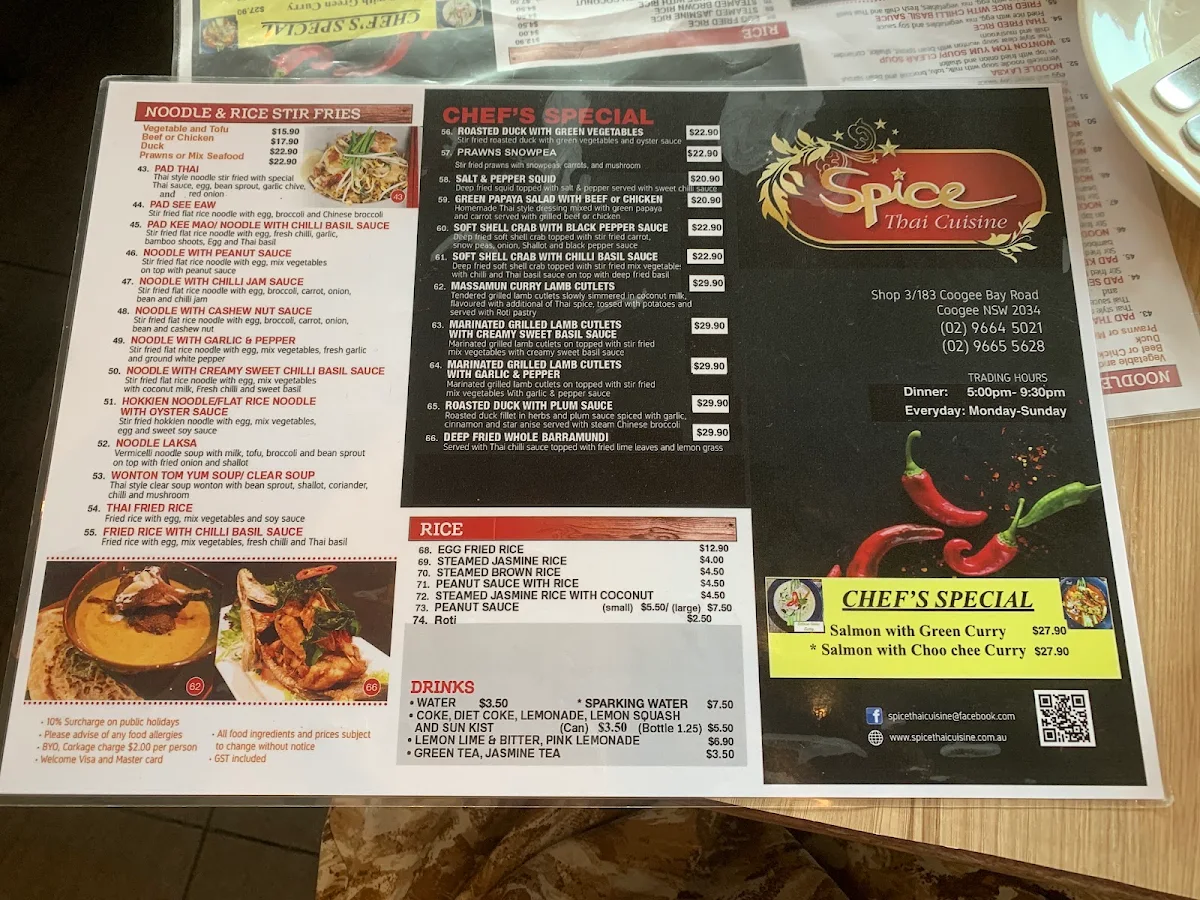 Menu, Spice Thai Cuisine