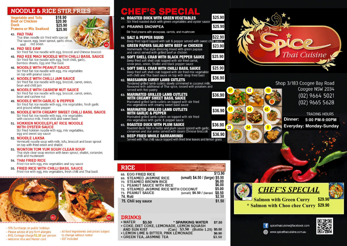 Menu, Spice Thai Cuisine
