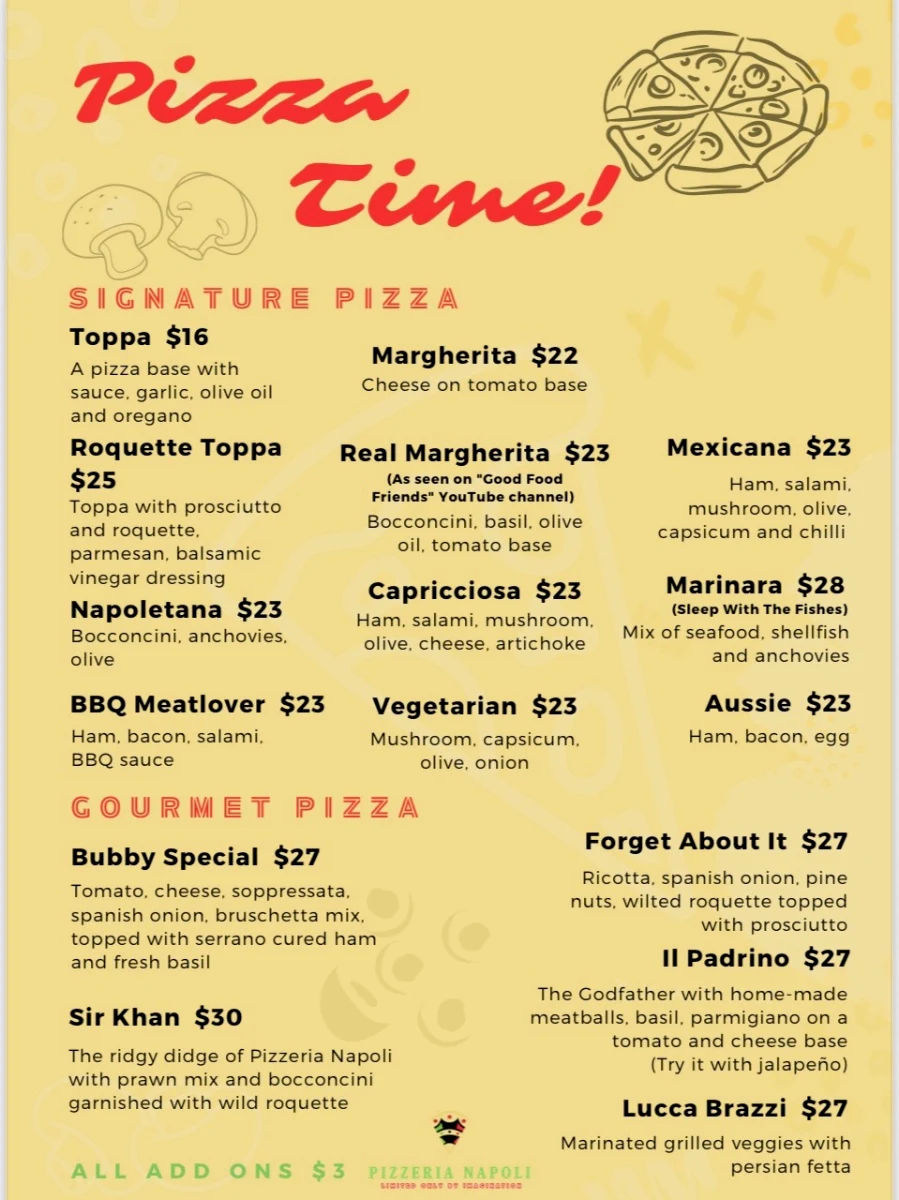 Menu, Pizzeria Napoli