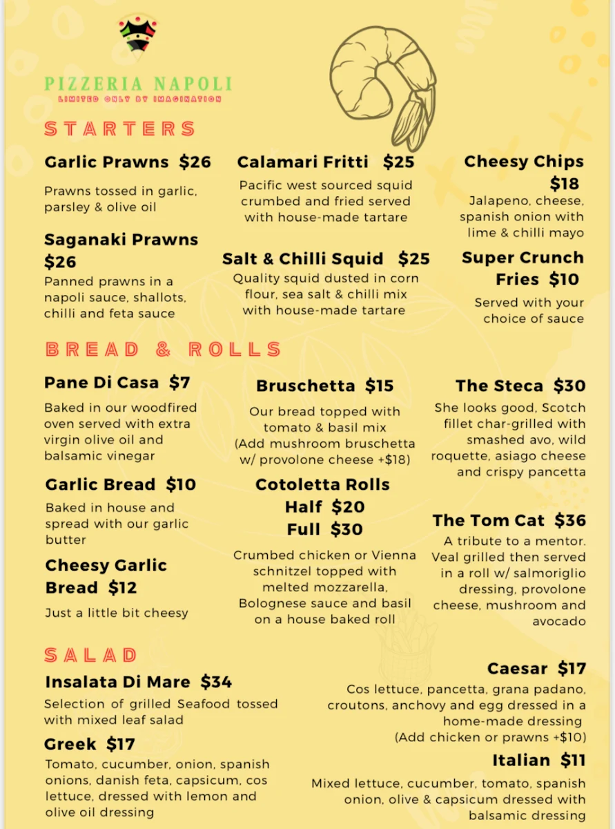 Menu, Pizzeria Napoli