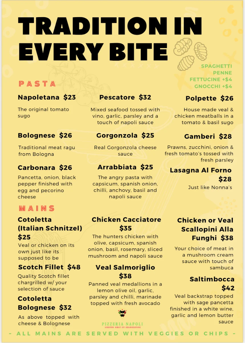 Menu, Pizzeria Napoli