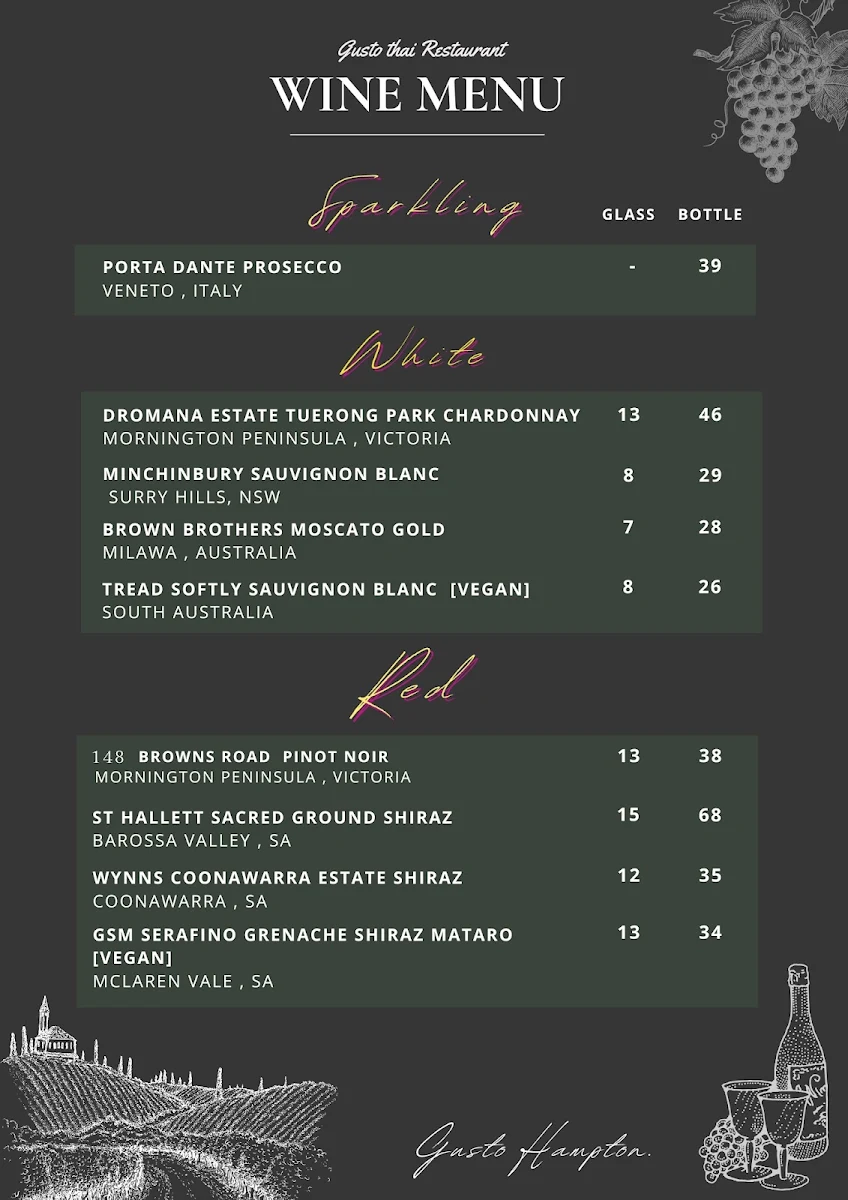 Menu, Gusto Thai Restaurant