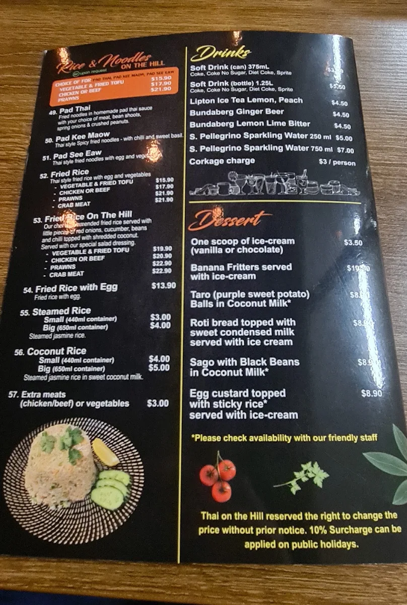 Menu, Thai on the Hill Robina