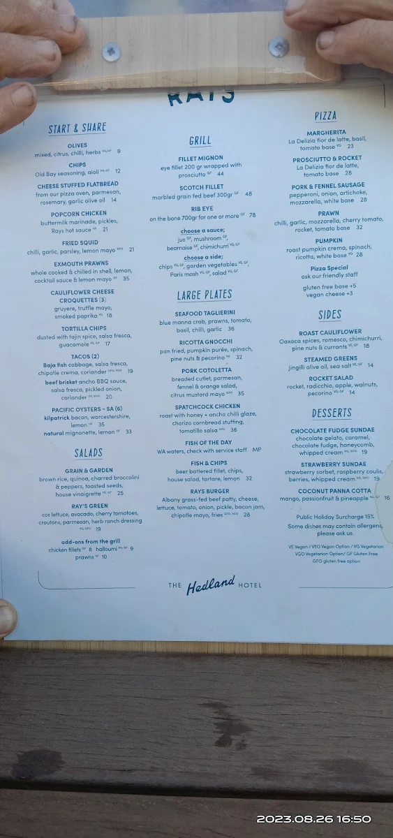 Menu, The Hedland Hotel Restaurant and Bar