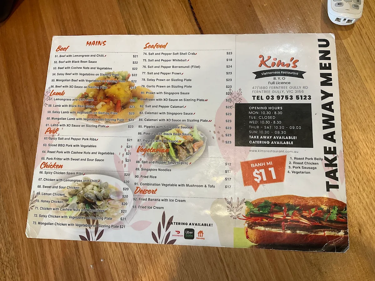 Menu, Kim Vietnamese Restaurant