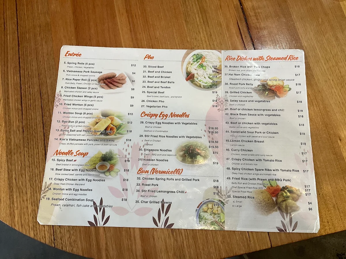 Menu, Kim Vietnamese Restaurant
