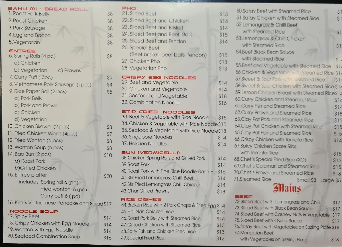 Menu, Kim Vietnamese Restaurant