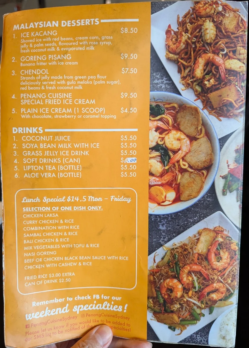 Menu, Penang Cuisine Epping