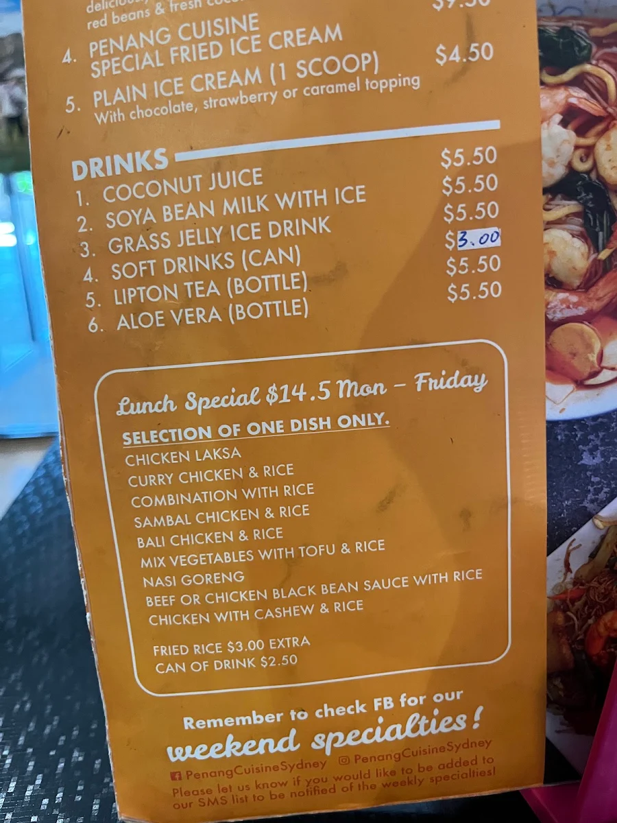 Menu, Penang Cuisine Epping