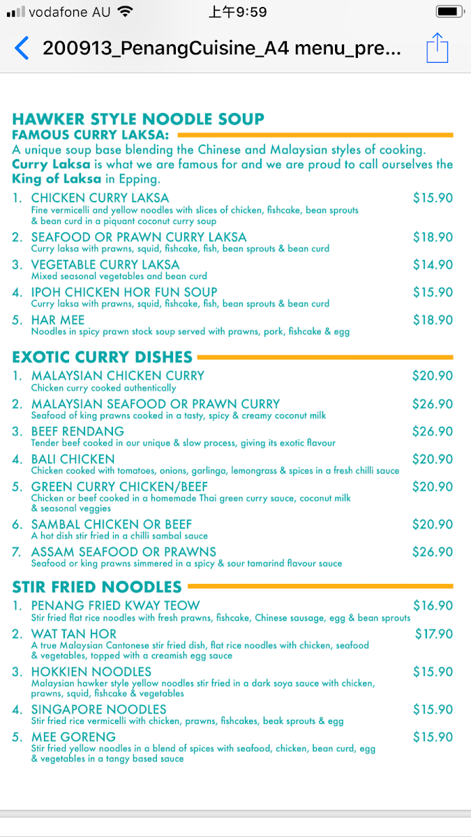Menu, Penang Cuisine Epping