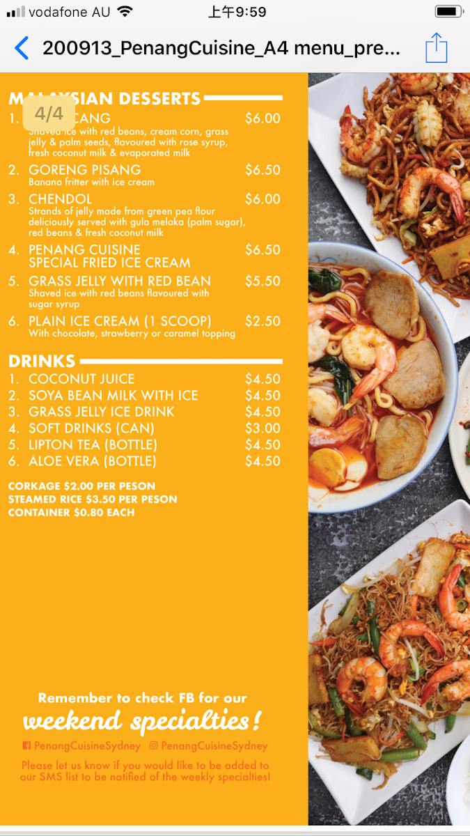 Menu, Penang Cuisine Epping