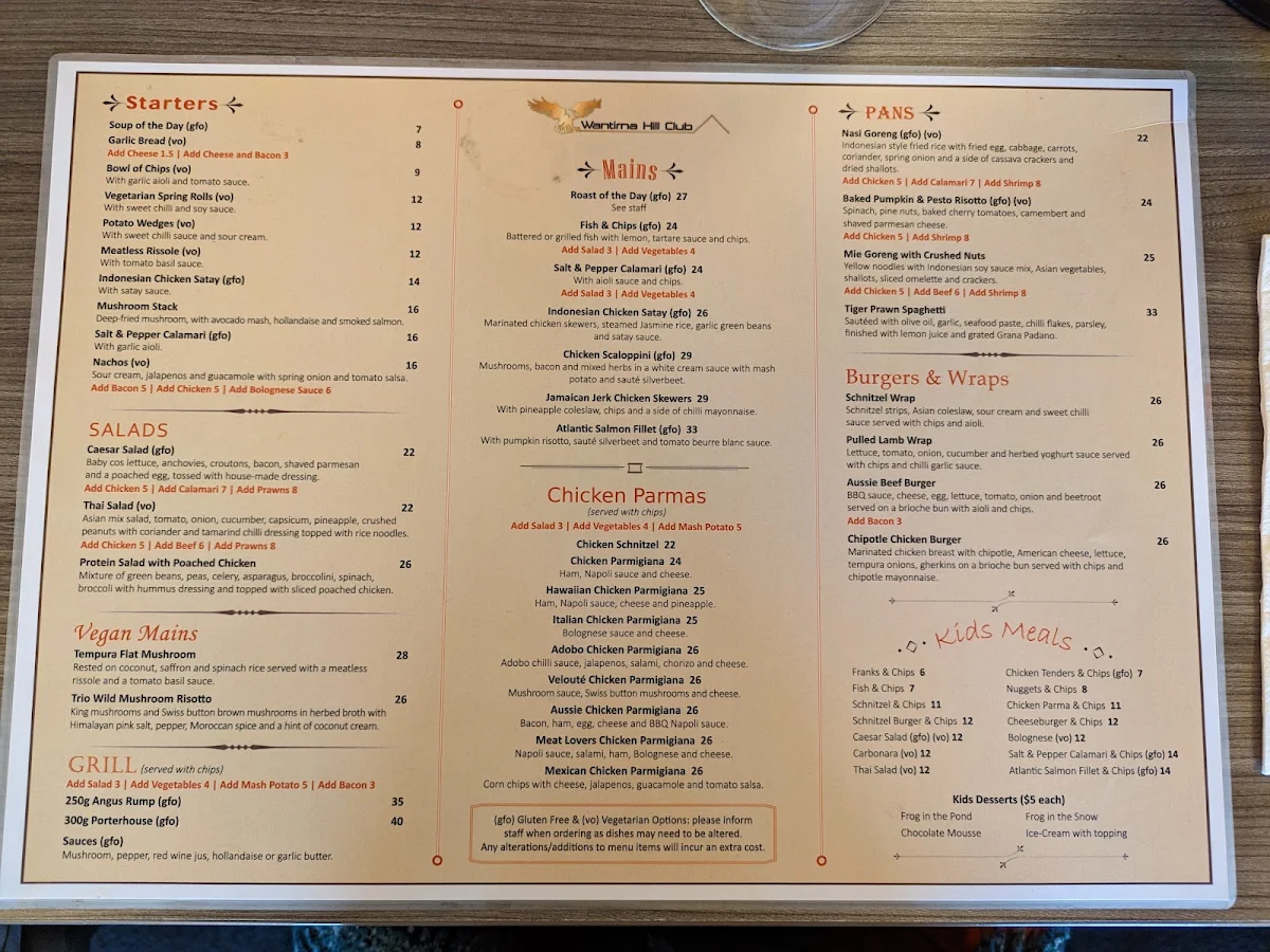 Menu, Wantirna Hill Club