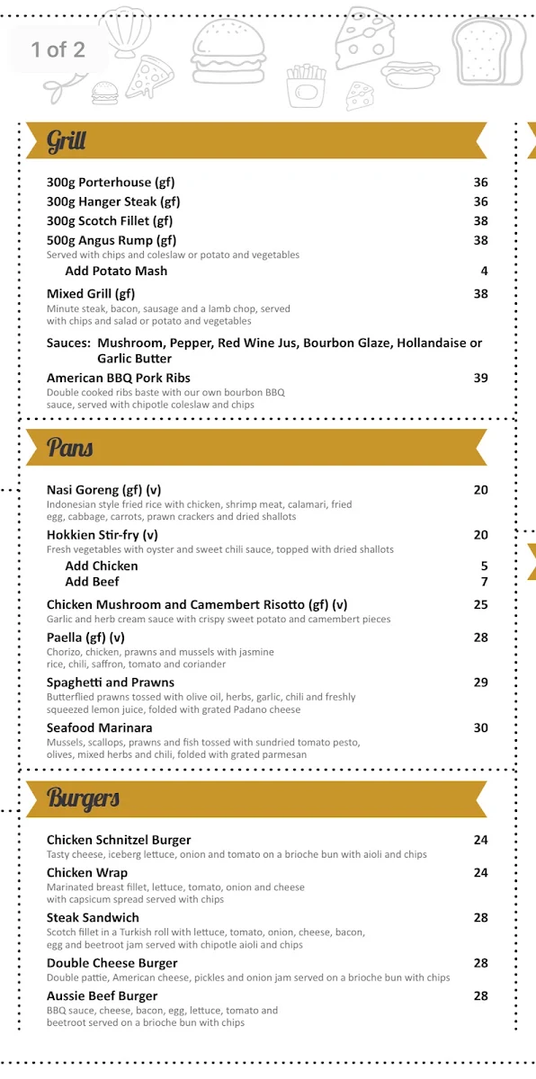 Menu, Wantirna Hill Club