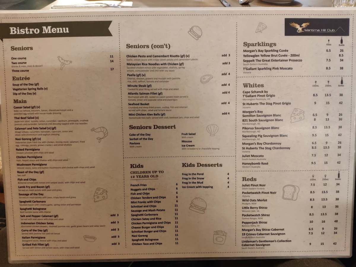 Menu, Wantirna Hill Club