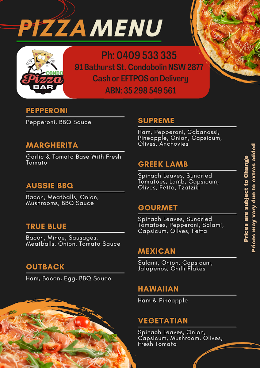 Menu, Condo Pizza Bar