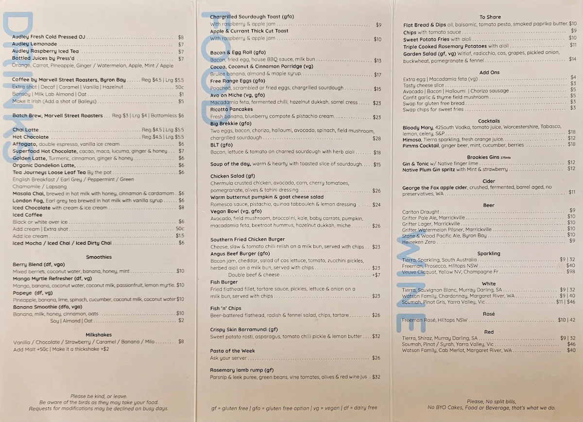 Menu, Audley Dance Hall Cafe & Events