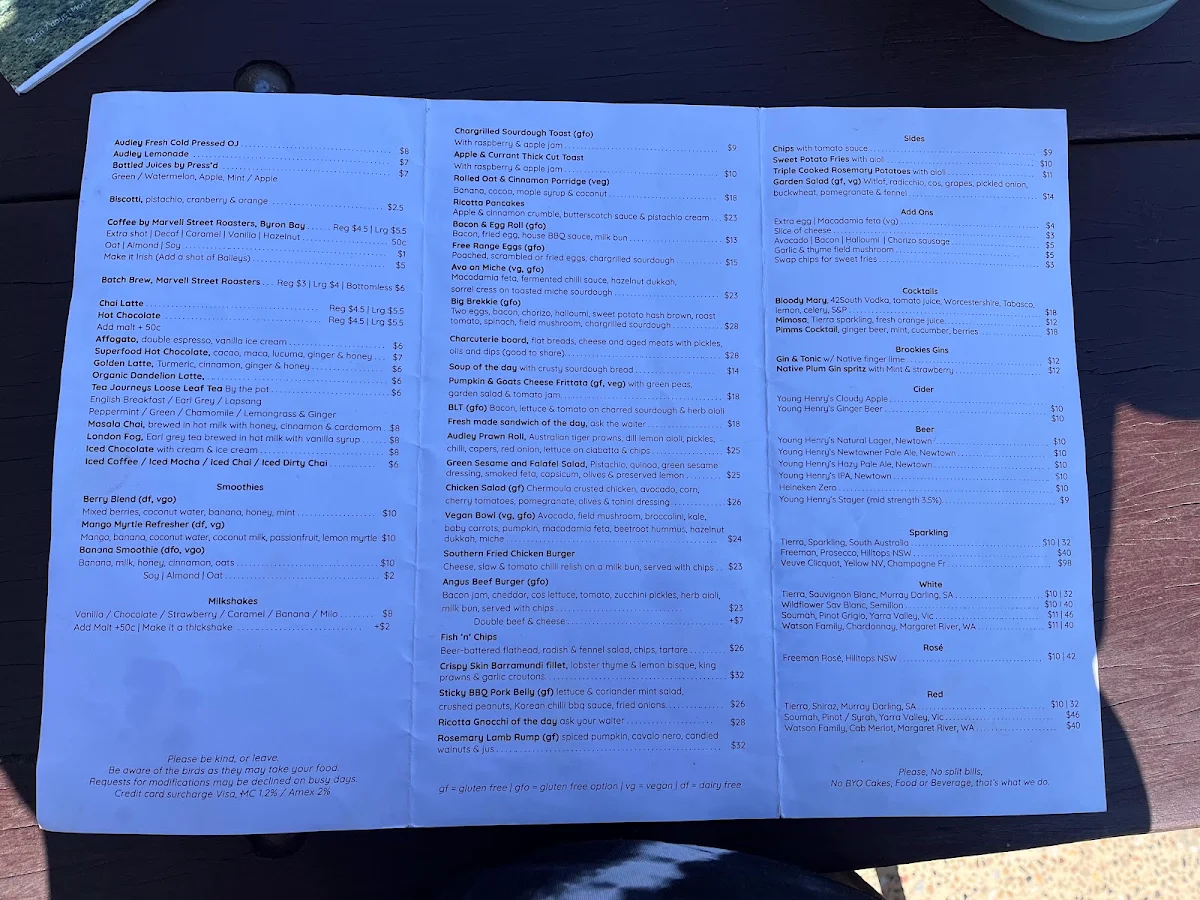 Menu, Audley Dance Hall Cafe & Events