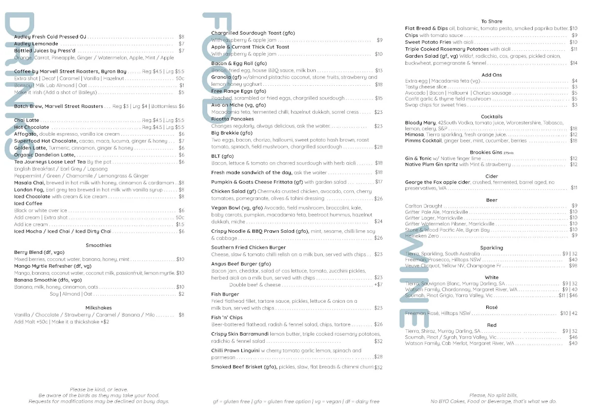 Menu, Audley Dance Hall Cafe & Events