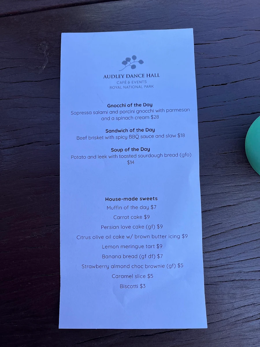 Menu, Audley Dance Hall Cafe & Events