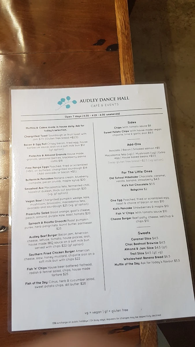Menu, Audley Dance Hall Cafe & Events