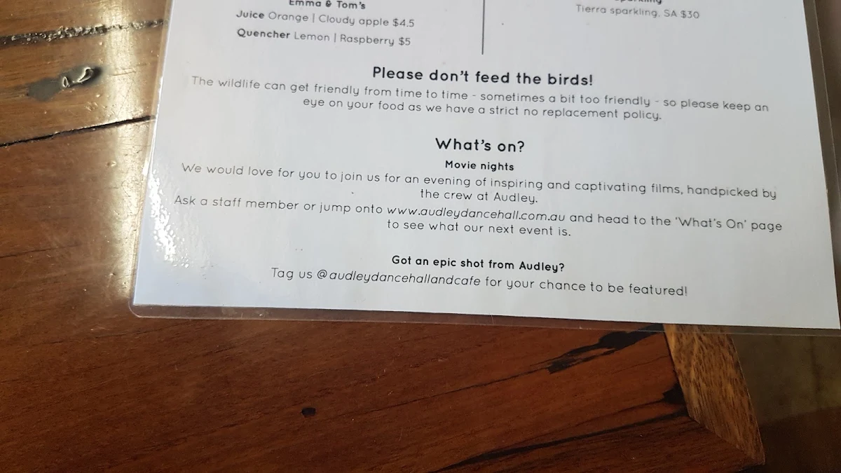 Menu, Audley Dance Hall Cafe & Events