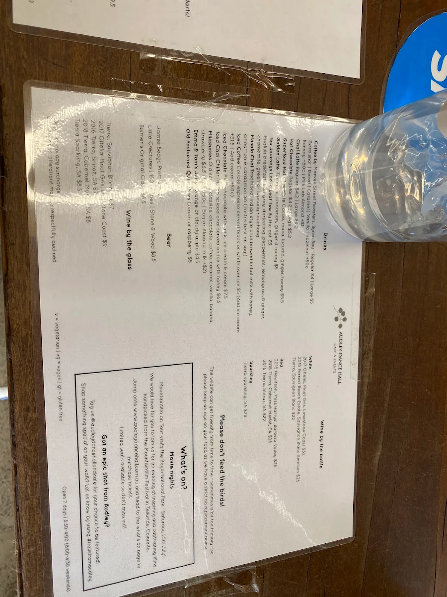 Menu, Audley Dance Hall Cafe & Events