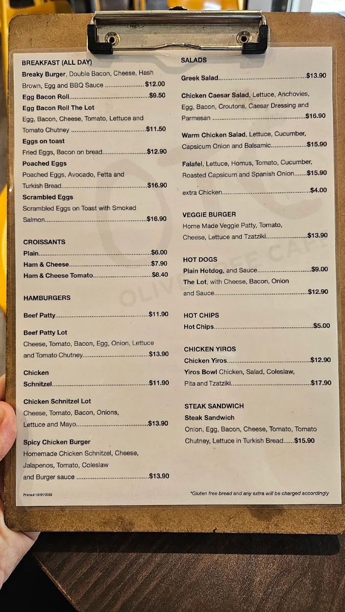 Menu, The Olive Tree Café
