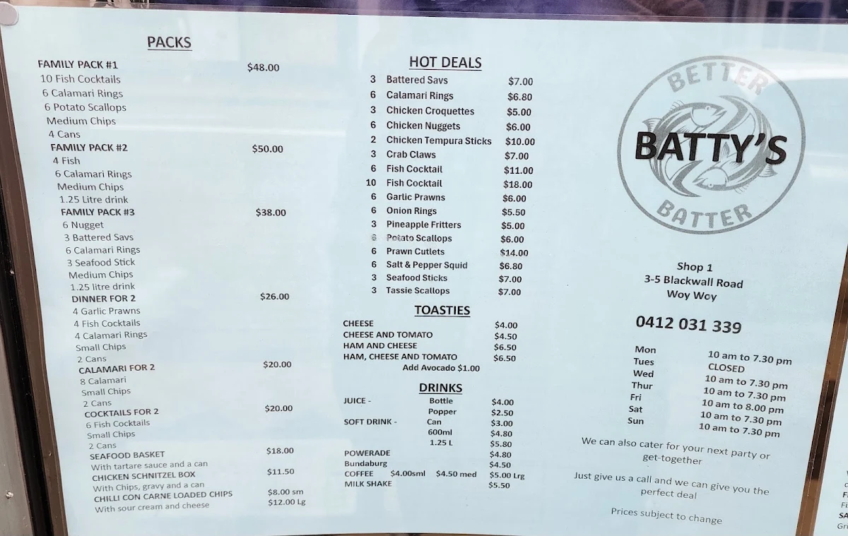 Menu, Batty's Better Batter