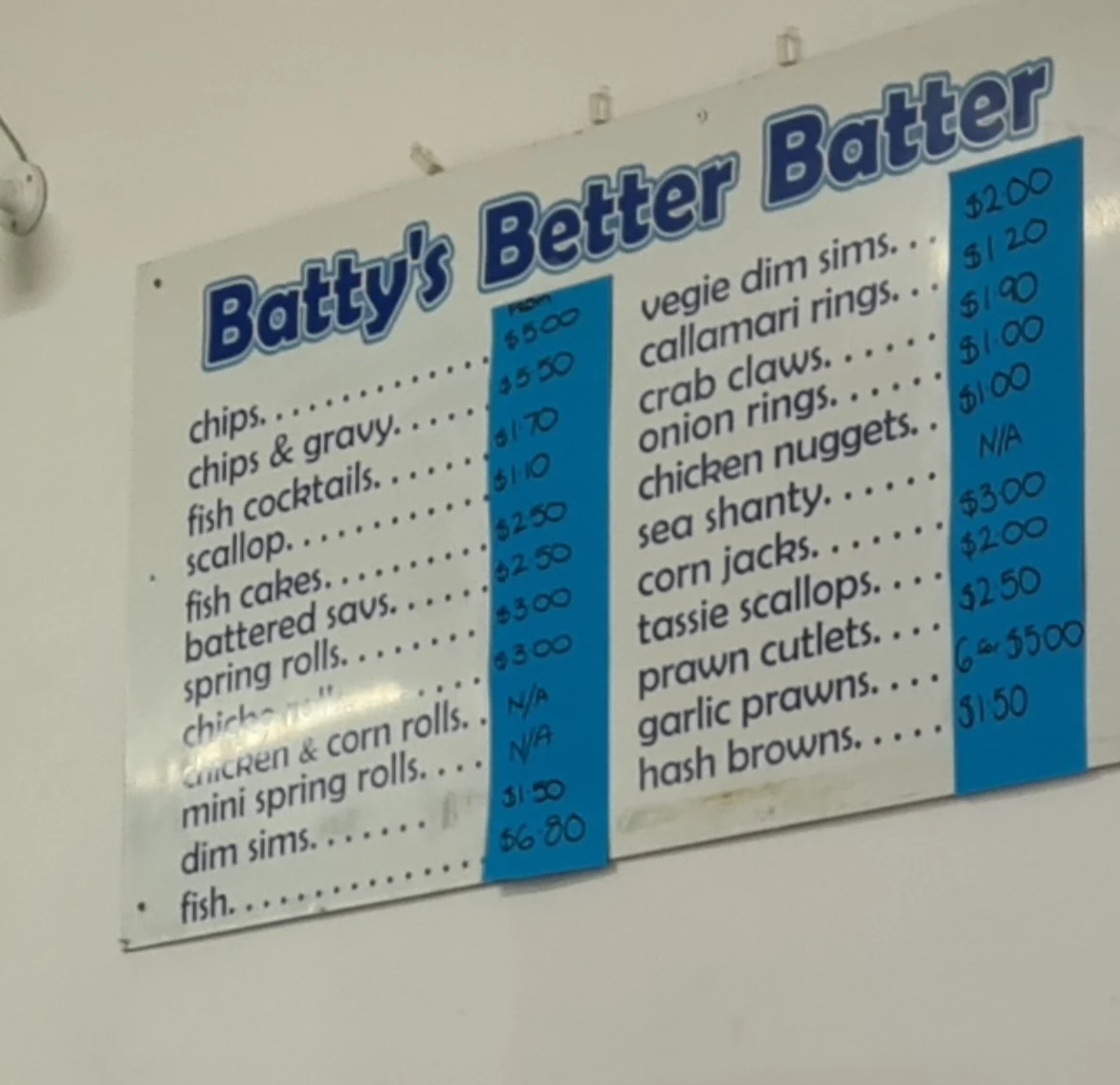 Menu, Batty's Better Batter