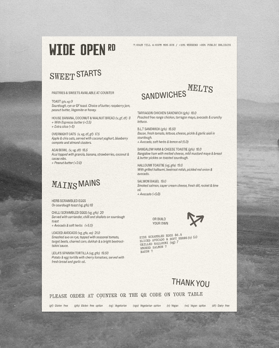Menu, Wide Open Road Cafe