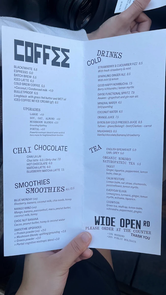 Menu, Wide Open Road Cafe
