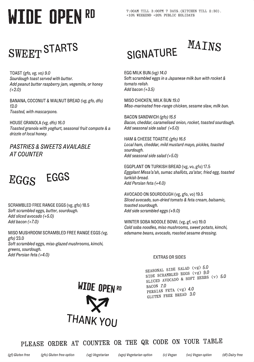 Menu, Wide Open Road Cafe