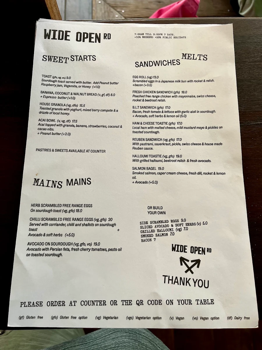 Menu, Wide Open Road Cafe