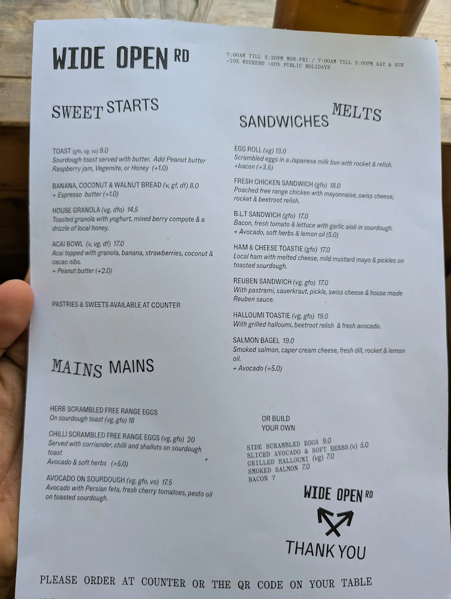 Menu, Wide Open Road Cafe
