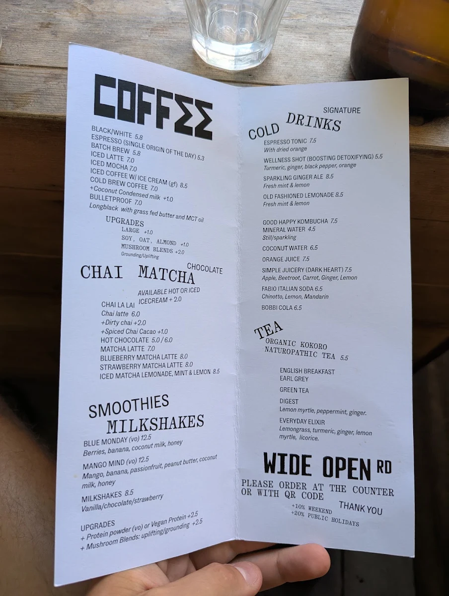 Menu, Wide Open Road Cafe
